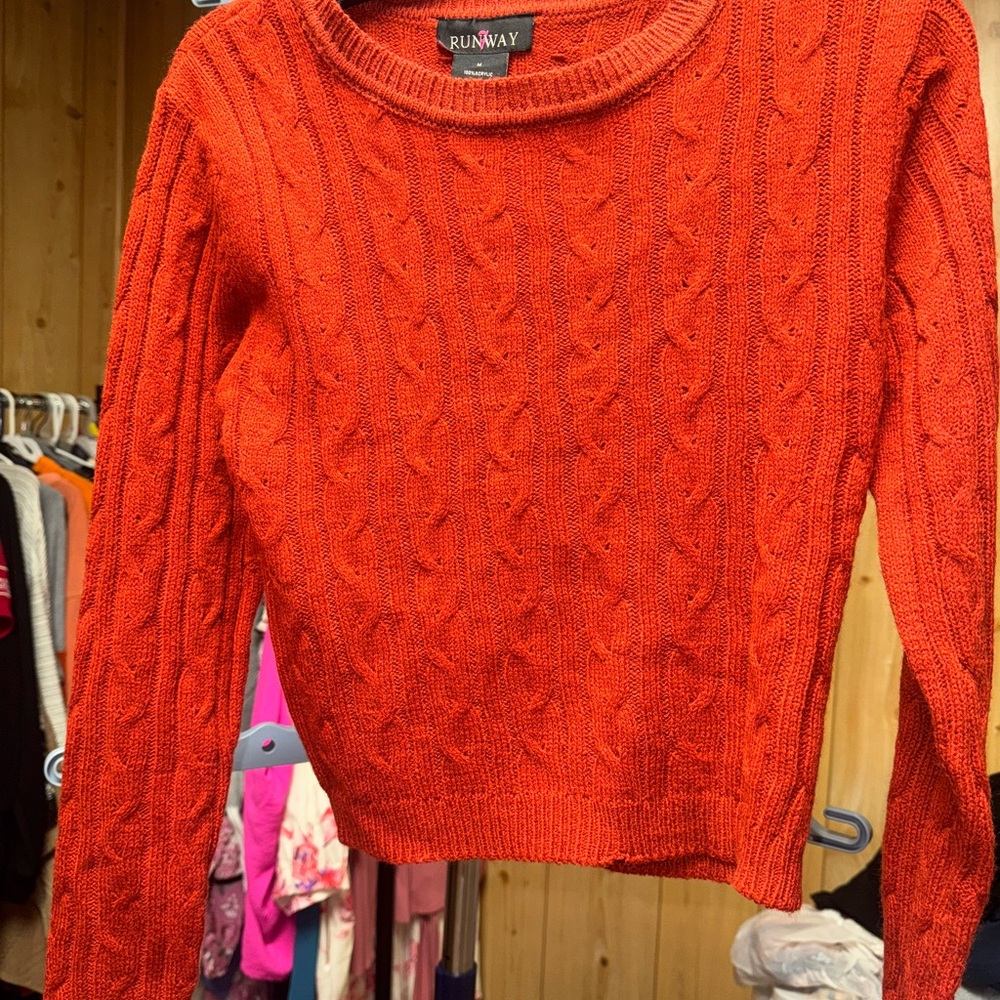 Runway Cable-Knit Crewneck Sweater in Bright Orange